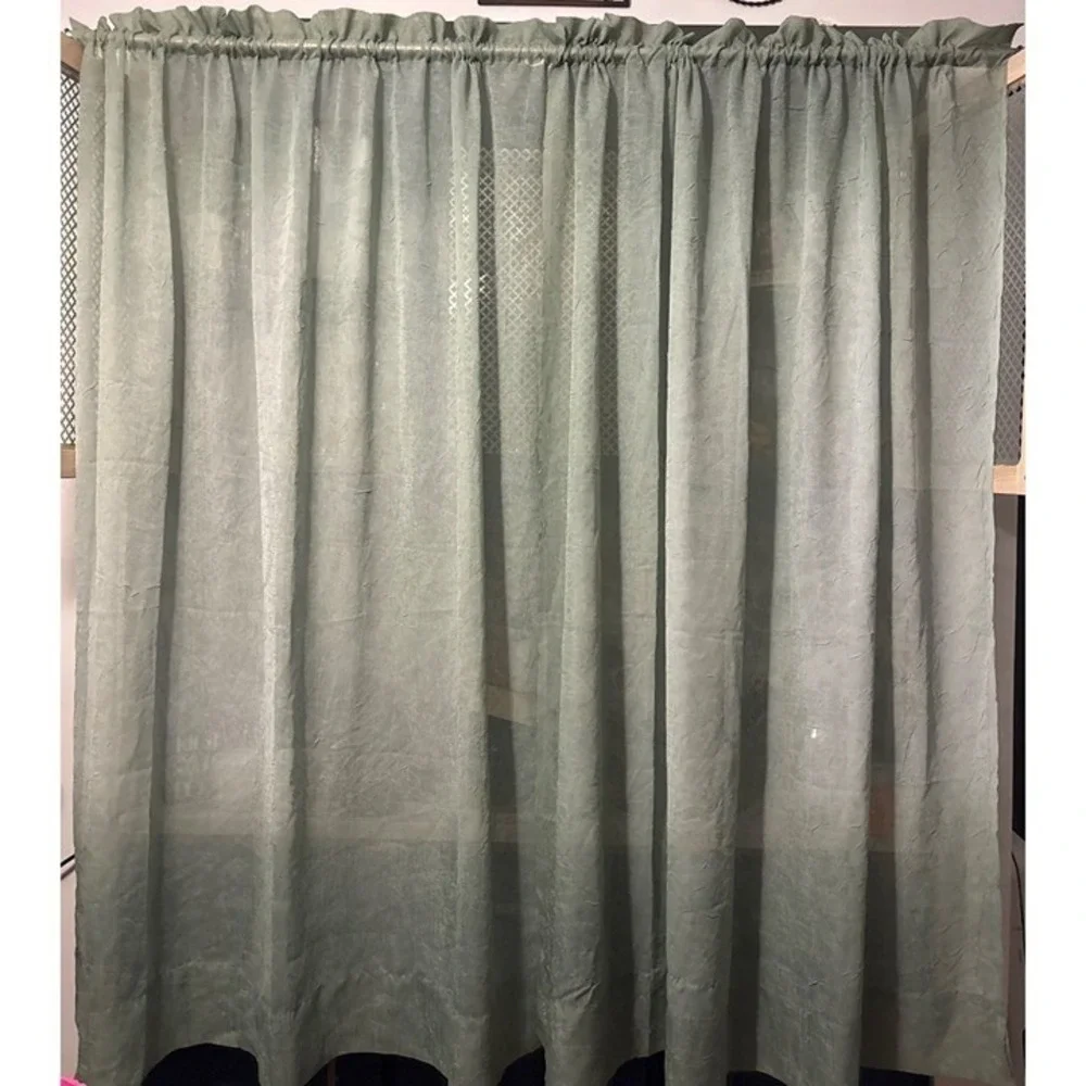 Sage Green Crinkled Sheer Curtain Panels 55x63 Set of 2 Rod‎ Pocket Ruffle Top